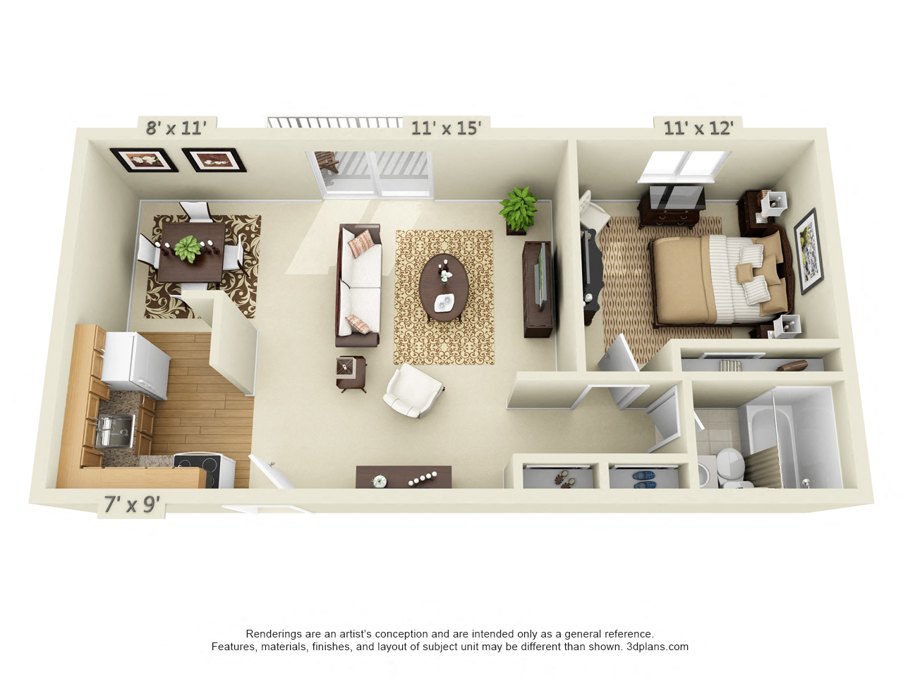 Floor plan for 1 bed, 1 bath, 690 sqft